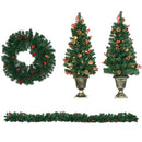Trees With Warm White LED Lights, Red Berries, Pine Cones, Green