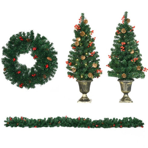Trees With Warm White LED Lights, Red Berries, Pine Cones, Green