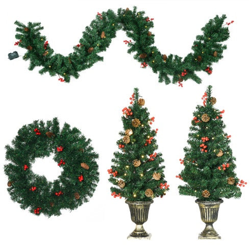 Trees With Warm White LED Lights, Red Berries, Pine Cones, Green